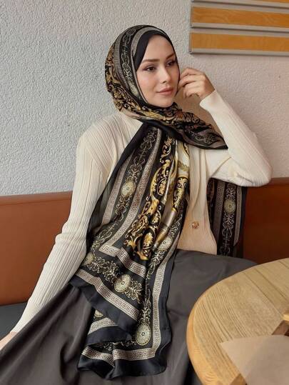 وشاح حريري مطبوع بطراز قصر فاخر، شال ساتان رجعي، وشاح حرير اصطناعي، ملابس سفر كاجوال للحماية من الرياح والشمس قطعة واحدة