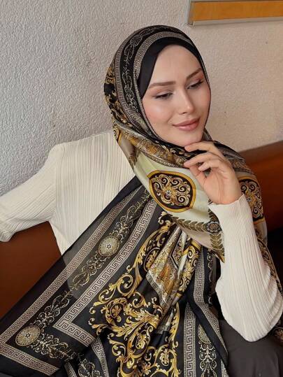 وشاح حريري مطبوع بطراز قصر فاخر، شال ساتان رجعي، وشاح حرير اصطناعي، ملابس سفر كاجوال للحماية من الرياح والشمس قطعة واحدة