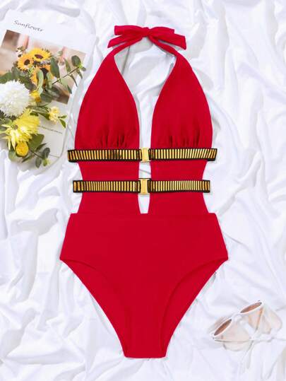 مايوه حريمي قطعة واحدة Swim Basics بدلة سباحة قطعة واحدة للنساء بتصميم ذو فتحة رقبة عميقة على شكل حرف V مع إبزيم معدني، مناسبة للعطلات
