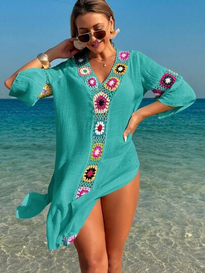 SHEIN Swim فستان فضفاض للسيدات على شاطئ الصيف، فتحة جانبية، ياقة على شكل حرف V، أكمام 3/4، بتصميم كروشيه وأنماط زهور عشوائية اللون، كغطاء
