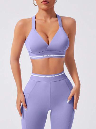 SHEIN Sport Studio مجموعة رياضية للنساء 3 قطع طقم رياضي مكون من: ملابس علوية كامي ظهر متقاطع مطبوع عليه رسوم، ملابس علوية كم قصير، وباطار خصر عالي للربط للياقة البدنية