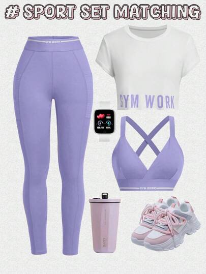 SHEIN Sport Studio مجموعة رياضية للنساء 3 قطع طقم رياضي مكون من: ملابس علوية كامي ظهر متقاطع مطبوع عليه رسوم، ملابس علوية كم قصير، وباطار خصر عالي للربط للياقة البدنية