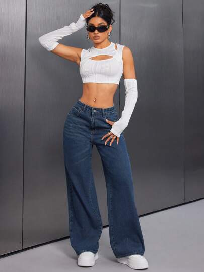EZwear جينز جينز كاجوال متنوع فضفاض مع جيوب وأرجل مرتدية بشكل واسع