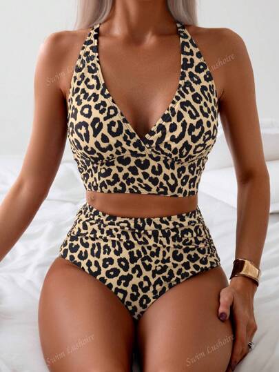 طقم تانكيني حريمي Swim Lushoire مجموعة بكيني 2 قطعة للنساء بطبعة النمر وياقة على شكل حرف V للاستخدام في الشاطئ وأيام الصيف