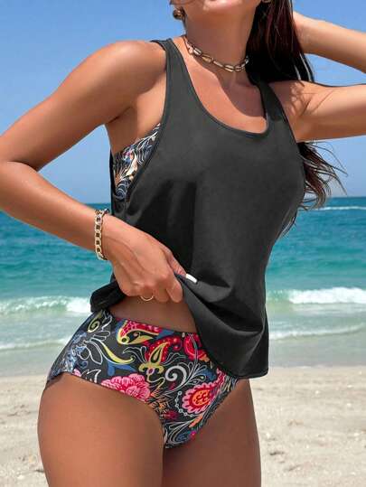 طقم تانكيني حريمي Swim Lushoire مجموعة ملابس شاطئ للنساء 3 قطع: تي شيرت بأكمام قصيرة ذات رقبة دائرية لون سادة، توب قصير بنقشة زهور عشوائية وحمالات عريضة وعنق دائري، ملابس سباحة مثيرة ذات خصر عالي