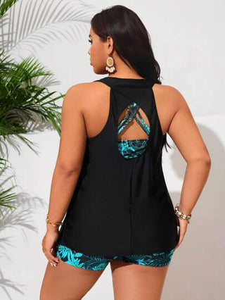 Swim Lushoire دعاية الحجم الكبير للنساء طقم بكيني 3 قطع مطبوع بطبعات نباتية ، ملابس رياضية عادية للعطلات والاسترخاء