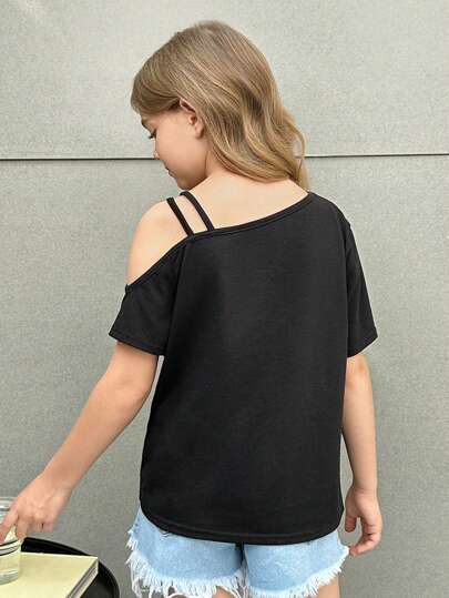 Firerie Kids Firerie Kids بلوزة أحادية الكتف صبوة قصيرة الأكمام محبوكة بلون سادة للفتاة المراهقة في عطلة قصيرة