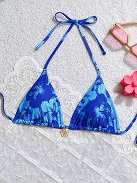 Swim Mod بكيني ذو قطع معدنية بزهور عشوائية ولسان كتفي للنساء، صيفي للشاطئ