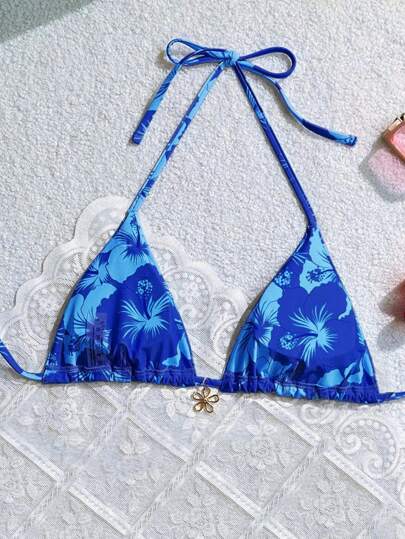 Swim Mod بكيني ذو قطع معدنية بزهور عشوائية ولسان كتفي للنساء، صيفي للشاطئ