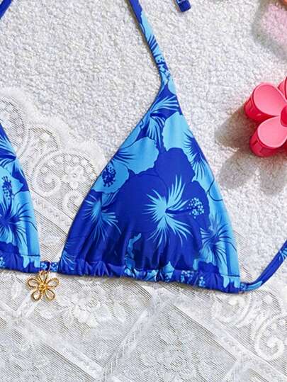 Swim Mod بكيني ذو قطع معدنية بزهور عشوائية ولسان كتفي للنساء، صيفي للشاطئ