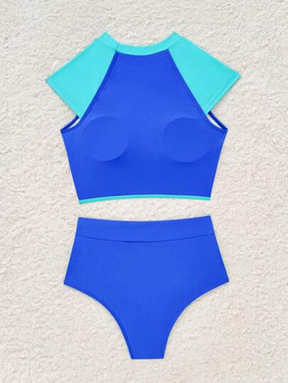 طقم تانكيني حريمي Swim SPRTY ملابس شاطئ للنساء، مجموعتين، صيف جديد بياقة دائرية وأكمام قصيرة وشورت متناسق، مجموعات ملابس سباحة رياضية