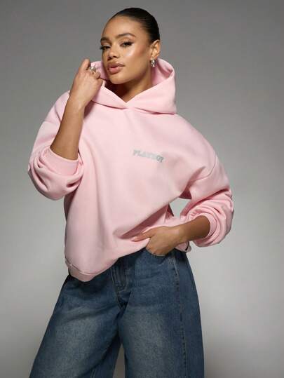 Missguided x Playboy MISSGUIDED البلوفر الرجعية المطبوع بالأرنب المعدني الكبير الحجم للشارع والموضة ، البلوز القطني الشتوي بتأثير هولوغرافي معدني