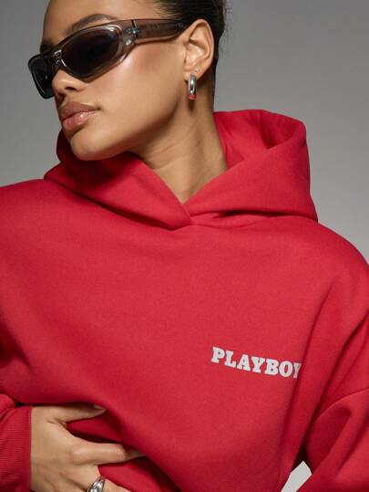 Missguided x Playboy MISSGUIDED هوديSpورت كلاسيكي عصري ذو تصميم كلاسيكي معدني ريترو مطلي بطبقة معدنية مرتبط بذكرى سنوية من الملابس الشارعية المحدودة الإصدار
