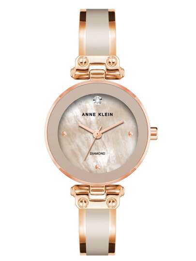 Anne Klein ساعة معصم أنثوية مزدانة بالألماس، قرص أم اللؤلؤ بلون وردي باهت، ساعة فاخرة هدية للسيدات، سوار ساعة بطبقة من المينا باللون الذهبي الوردي، AK/1980BMRG