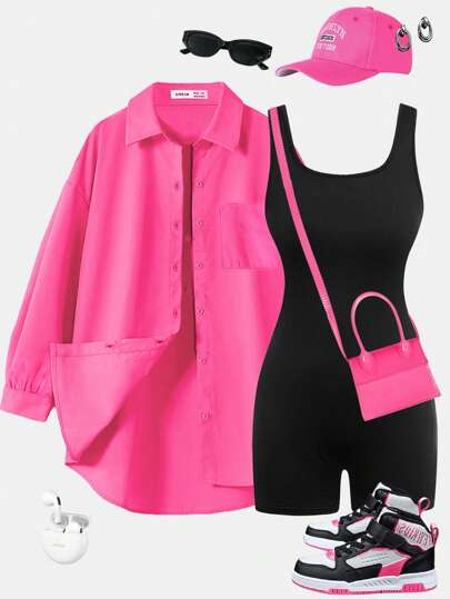 SHEIN Frenchy طقم متناسق من قطعتين: قميص وردي فاتح كبير الحجم على الأزرار و سروال ضيق لياقة بدنية أسود - ملابس رياضية عصرية للنساء للسفر بالطائرة، الصيف العادي (طقم بوديسوت رياضية)