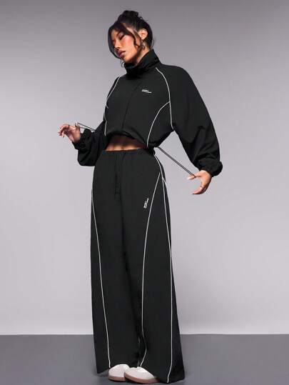 Streetz SHEIN Sport بذلة رياضية للنساء تشمل جاكيت مع حواف ملونة وحبل للسحب في الخصر وبنطال طويل