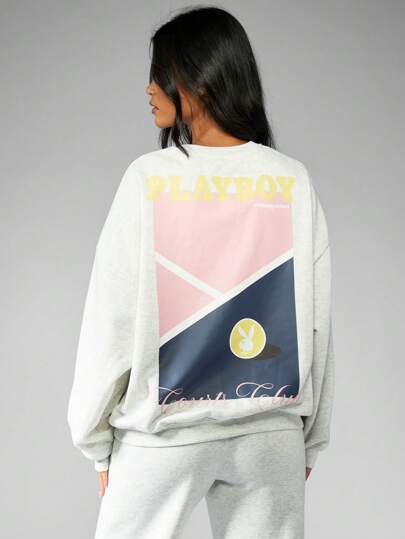 Missguided x Playboy MISSGUIDED بلوزة رياضية كبيرة الحجم مطبوع عليها شعار أرنب