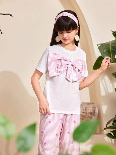 girls-sets مجموعة بناطيل ماركة ويت فتيات مراهقات - تي شيرت أبيض قصير الأكمام مزين بفيونكة قطعات وردية 3D وبناطيل رجل مستقيمة فضفاضة ، مناسبة للمدرسة ،الخروج ،العطلات ،والارتداء اليومي العادي