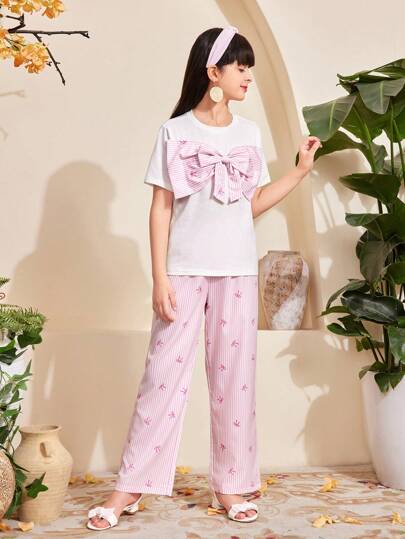 girls-sets مجموعة بناطيل ماركة ويت فتيات مراهقات - تي شيرت أبيض قصير الأكمام مزين بفيونكة قطعات وردية 3D وبناطيل رجل مستقيمة فضفاضة ، مناسبة للمدرسة ،الخروج ،العطلات ،والارتداء اليومي العادي