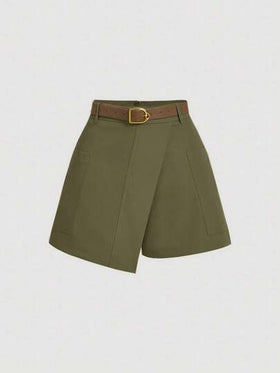SHEIN MOD شورت أخضر عسكري أنيق مع حزام أمامي وحزام، شورت خريفي وشتوي، شورت للخروج، شورت رجعي ، شورت للمهرجانات
