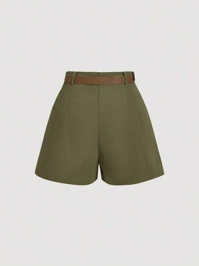 SHEIN MOD شورت أخضر عسكري أنيق مع حزام أمامي وحزام، شورت خريفي وشتوي، شورت للخروج، شورت رجعي ، شورت للمهرجانات