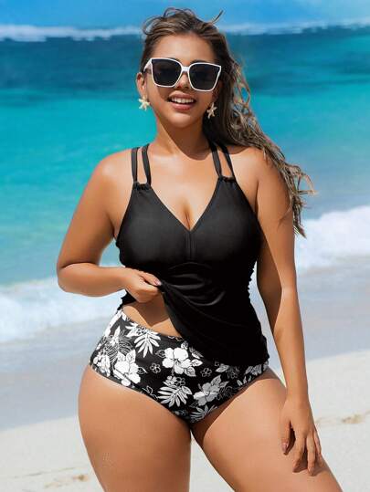 SHEIN Swim Curve طقم بكيني من قطعتين لسيدات البدينات، ذات طبعات عشوائية، أشرطة كفاف قابلة للتعديل، خصر مرتفع