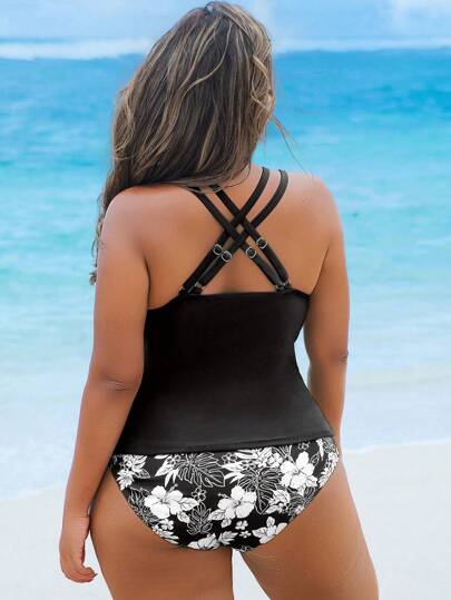 SHEIN Swim Curve طقم بكيني من قطعتين لسيدات البدينات، ذات طبعات عشوائية، أشرطة كفاف قابلة للتعديل، خصر مرتفع
