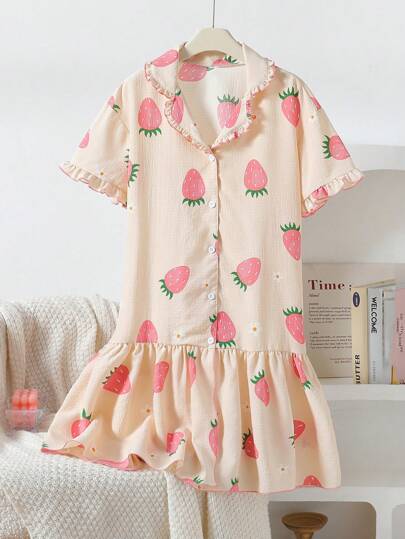 بيجاما جلوي بنات بقاعدة سوداء محددة مع طباعة قلب وردي، فستان نوم طويل بأكمام قصيرة للراحة