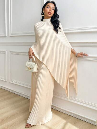 Modelyn فستان أنيق بياقة شراع على شكل خفاش ذو أكمام مطوية وبلون واحد للنساء