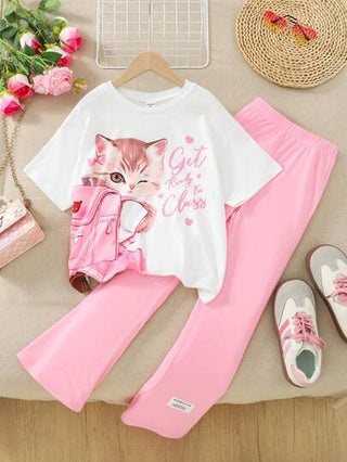 girls sets بنطال وقميص قصير الأكمام بطبعة قطة جميلة لفتاة المراهقة، طقم كاجوال لصيف، قطعتان: حقيبة ظهر بطبعة قطط، وبنطلون وردي واسع