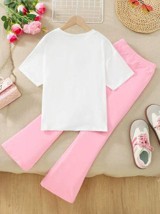 girls sets بنطال وقميص قصير الأكمام بطبعة قطة جميلة لفتاة المراهقة، طقم كاجوال لصيف، قطعتان: حقيبة ظهر بطبعة قطط، وبنطلون وردي واسع