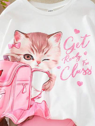 girls sets بنطال وقميص قصير الأكمام بطبعة قطة جميلة لفتاة المراهقة، طقم كاجوال لصيف، قطعتان: حقيبة ظهر بطبعة قطط، وبنطلون وردي واسع