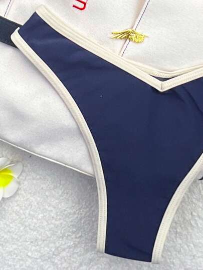 Swim Vcay بكيني صيفي بحمالات سباغيتي وياقة عالية ، لون سادة مع تصميم مثير