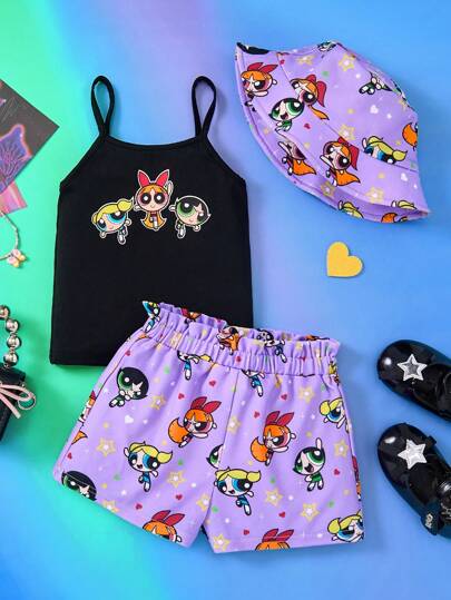 THE POWERPUFF GIRLS X SHEIN 3 قطع ملابس علوية كاجوال قطنية للفتيات الرُضّع بنمط 