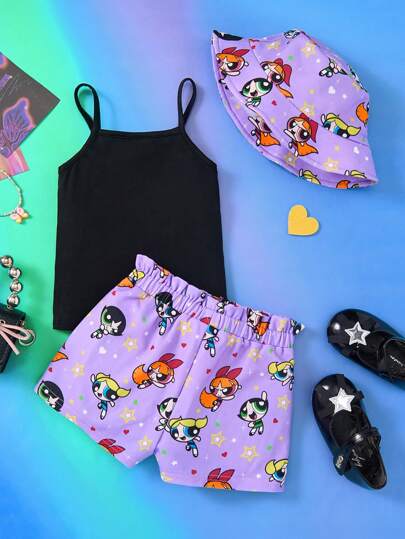 THE POWERPUFF GIRLS X SHEIN 3 قطع ملابس علوية كاجوال قطنية للفتيات الرُضّع بنمط "زهرة ، فقاعات ، زنبق" ، وأشورت بنفسجي جذاب ، ومجموعة قبعة