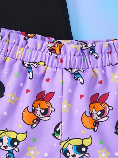 THE POWERPUFF GIRLS X SHEIN 3 قطع ملابس علوية كاجوال قطنية للفتيات الرُضّع بنمط "زهرة ، فقاعات ، زنبق" ، وأشورت بنفسجي جذاب ، ومجموعة قبعة