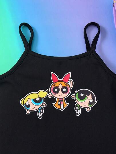 THE POWERPUFF GIRLS X SHEIN 3 قطع ملابس علوية كاجوال قطنية للفتيات الرُضّع بنمط "زهرة ، فقاعات ، زنبق" ، وأشورت بنفسجي جذاب ، ومجموعة قبعة