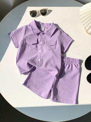 Genkimix Kids مجموعة من قطعتين، بلوزة أكمام قصيرة وشورت بتصميم أرجواني لطفل/طفلة، من نسيج ملمس، مناسب لارتداء الأطفال في الصيف للعب أو رحلات نزهة أو نزهة، سهل الارتداء والخلع