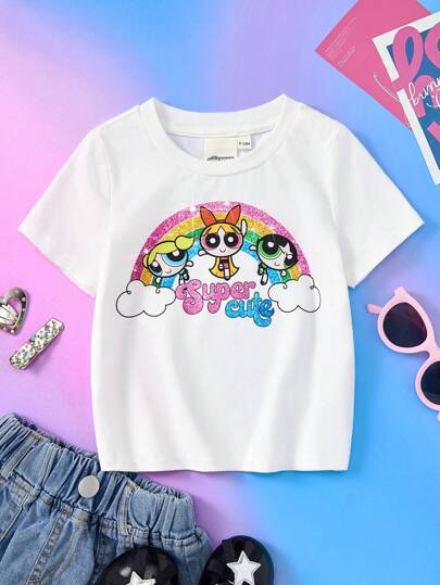 تيشيرتات بناتي THE POWERPUFF GIRLS X  تي شيرت أبيض آكمام قصيرة بطباعة صور كارتونية ملونة بنمط لامعة للأطفال البنات
