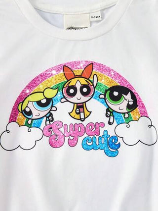 تيشيرتات بناتي THE POWERPUFF GIRLS X  تي شيرت أبيض آكمام قصيرة بطباعة صور كارتونية ملونة بنمط لامعة للأطفال البنات