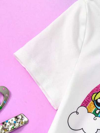 تيشيرتات بناتي THE POWERPUFF GIRLS X  تي شيرت أبيض آكمام قصيرة بطباعة صور كارتونية ملونة بنمط لامعة للأطفال البنات