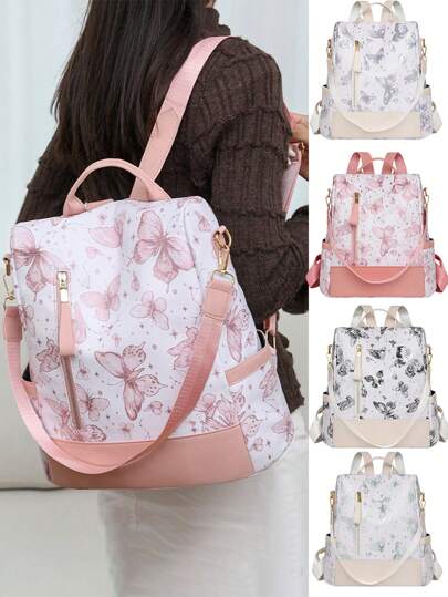 حقيبة ظهر بقصة فراشة مطبوعة مصنوعة من البوليوريثان مضادة للسرقة، سعة كبيرة وعملية للنساء للسفر والترفيه، يمكن حملها على الكتفين أو على الكتف، مناسبة جدًا للمبتدئين والموظفين البيض والطلاب من المرحلة الإعدادية والجامعة، للتنقل والذهاب للمدرسة والسفر والعمل