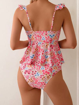 طقم تانكيني حريمي Swim Mod 2 قطعة من أزياء العطلة الصيفية للنساء: ملابس علوية بكشكشات من الأزهار متناثرة بفتحة رقبة على شكل حرف V وأسفل تانكيني بخصر عالي