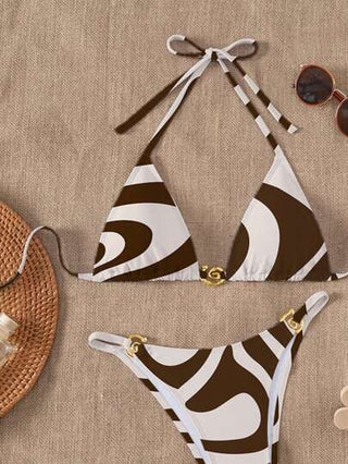 Swim مجموعة بكيني صيفية أنيقة ذو لون أحادي للسيدات مع إكسسوارات معدنية وسير قابل للتعديل، مطبوع عليه الاجازة الربيعية والعطلة والحفلات الشاطئية