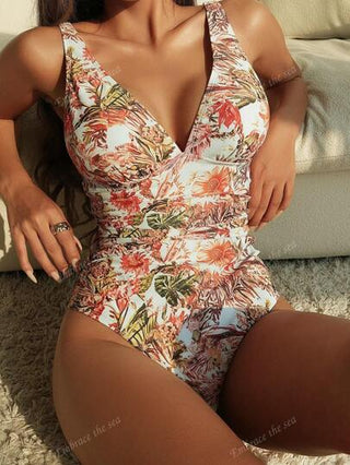 مايوه حريمي قطعة واحدة بدلة سباحة بقطعة واحدة للنساء، طراز جديد لعام 2025 بطبعات زهور وياقة عميقة على شكل حرف V، بأربطة قابلة للتعديل، بدلة سباحة مثالية للعطلات والإجازات