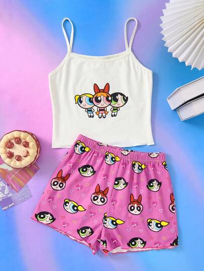 بيجاما THE POWERPUFF GIRLS X  طقم بيجامة من توب كاجوال أبيض برسومات كرتونية جميلة ومرنة وشورت وردي فاتح مريح للفتيات المراهقات