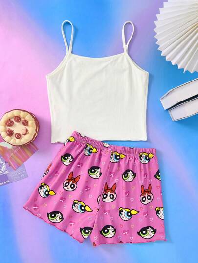 بيجاما THE POWERPUFF GIRLS X  طقم بيجامة من توب كاجوال أبيض برسومات كرتونية جميلة ومرنة وشورت وردي فاتح مريح للفتيات المراهقات