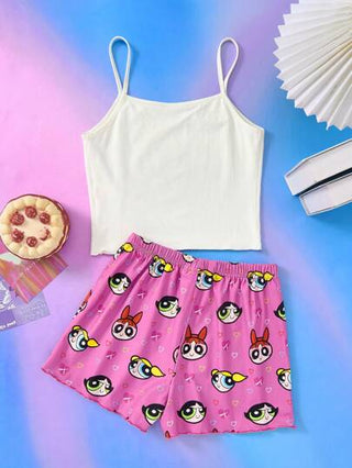 بيجاما THE POWERPUFF GIRLS X  طقم بيجامة من توب كاجوال أبيض برسومات كرتونية جميلة ومرنة وشورت وردي فاتح مريح للفتيات المراهقات