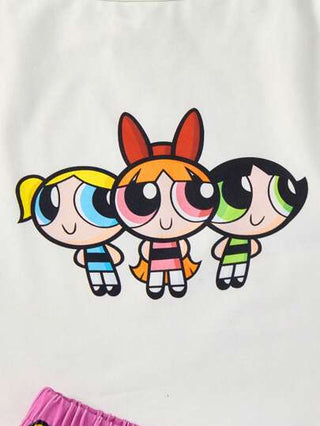 بيجاما THE POWERPUFF GIRLS X  طقم بيجامة من توب كاجوال أبيض برسومات كرتونية جميلة ومرنة وشورت وردي فاتح مريح للفتيات المراهقات