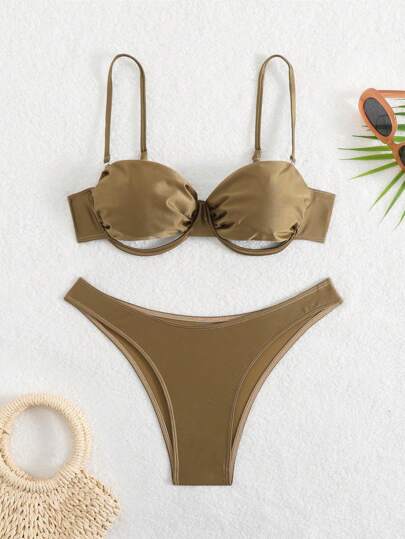 Swim SXY مجموعة ملابس سباحة للنساء بحمالات رفيعة واجزاء متقاطعة من الخلف بلون أخضر لامع وجذاب